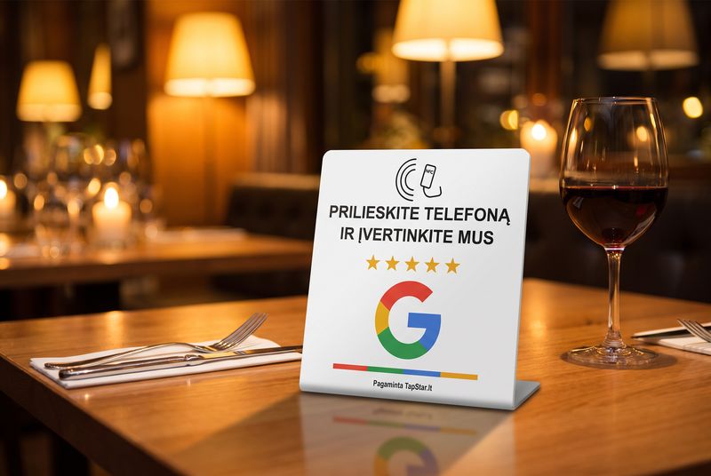 TapStar kortelė ant restorano staliuko prie taurės vyno